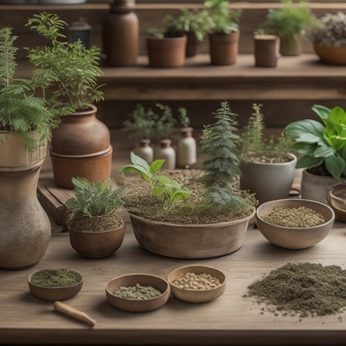 A beautifully styled, rustic wooden table with 5-7 DIY herb planter kits in various stages of assembly, surrounded by potted herbs, gardening tools, and a few renovation-inspired decorative elements.