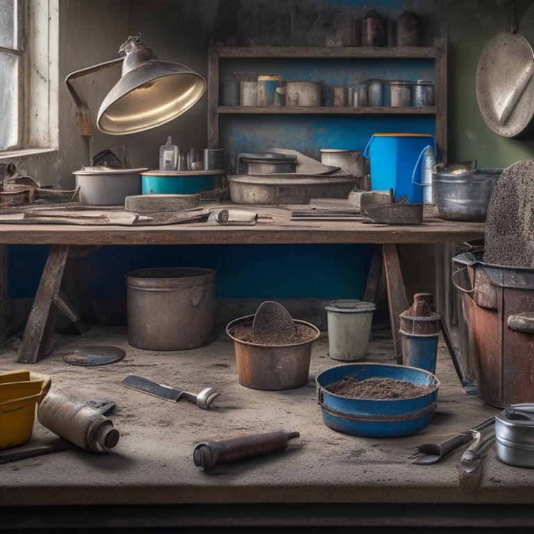 A cluttered workspace with cracked and worn-out trowels, rusty saw blades, and broken mixing buckets, contrasted with a nearby sleek, organized station featuring shiny, high-quality tools and a renovated concrete surface.