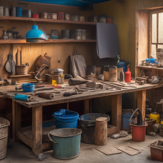A cluttered but organized DIY workshop with a worn wooden workbench, surrounded by various budget-friendly plastering tools, including a trowel, scraper, and bucket, amidst scattered bags of plaster and dust.