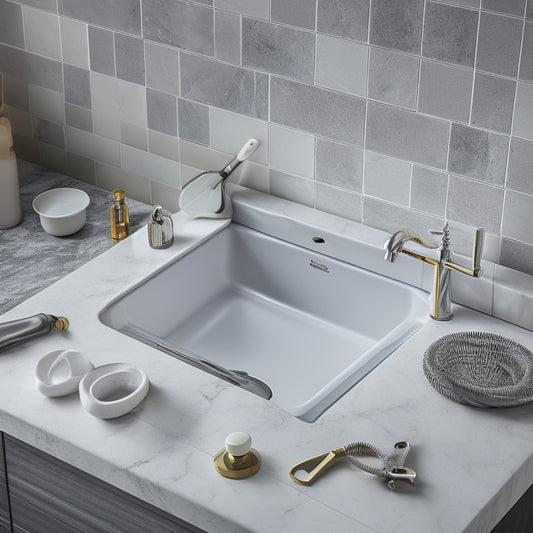 A partially installed sink with a sleek, modern faucet and a few scattered tools, such as a wrench and pliers, on a newly tiled countertop with a subtle, grey-and-white marble pattern.