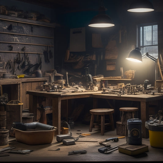 A cluttered, dimly lit workshop with cheap, worn-out tools scattered on a dusty workbench, contrasted with a sleek, well-organized workspace featuring high-quality, shiny tools and a modern, ergonomic design.