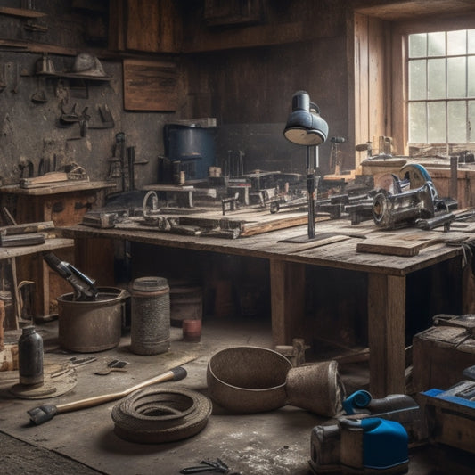 A cluttered workshop with a worn wooden workbench, surrounded by various DIY tools, including a circular saw, drill press, and impact driver, amidst scattered blocks, hammers, and measuring tapes.