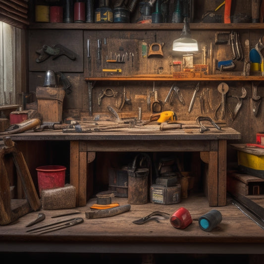 A cluttered but organized workbench with a variety of hand tools, including a hammer, tape measure, level, pliers, screwdrivers, and wrenches, surrounded by renovation materials like wood, nails, and pipes.