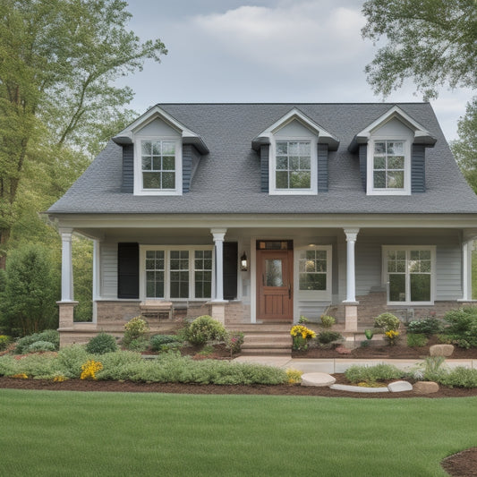 A serene suburban home with a mix of worn and renovated exterior elements: a fresh cedar shake roof, new vinyl siding, and old brick walls, surrounded by scattered tools and renovation materials.
