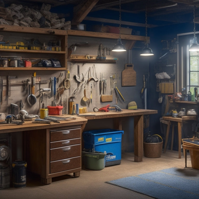 A well-lit, clutter-free garage workbench with a hammer, tape measure, and level arranged artfully, surrounded by subtle hints of renovation, such as a few scattered screws and a wrench in the background.