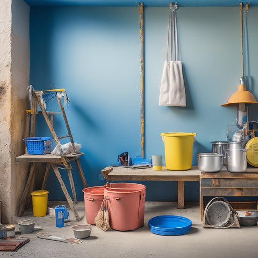 An organized workstation with a stucco mixer, trowels, float, and hawk, surrounded by buckets, ladders, and safety gear, against a backdrop of a partially renovated exterior stucco wall.
