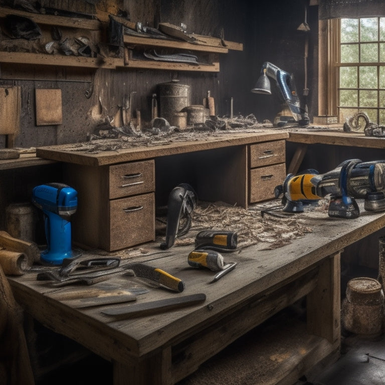 A cluttered but organized workbench with various demo power tools, including a cordless rotary hammer, reciprocating saw, and demolition hammer, surrounded by scattered wood shavings and renovation debris.