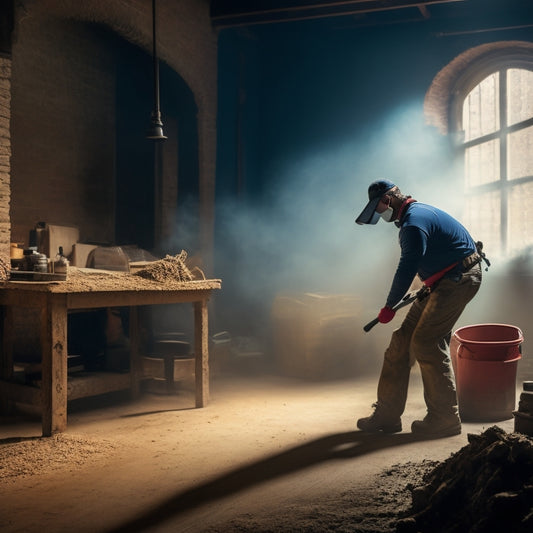 A serene, dimly-lit renovation scene: a worker in a dust mask, surrounded by quiet edger tools, with a faint blur of sawdust in the air, amidst a partially renovated room with exposed brick walls.