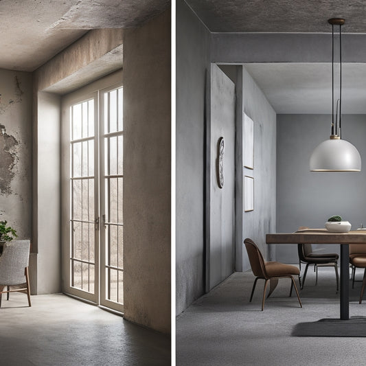 A before-and-after split-screen image: a cracked, stained, and worn concrete wall on the left, versus a refinished wall on the right with a fresh coat of paint, modern lighting, and sleek decorations.