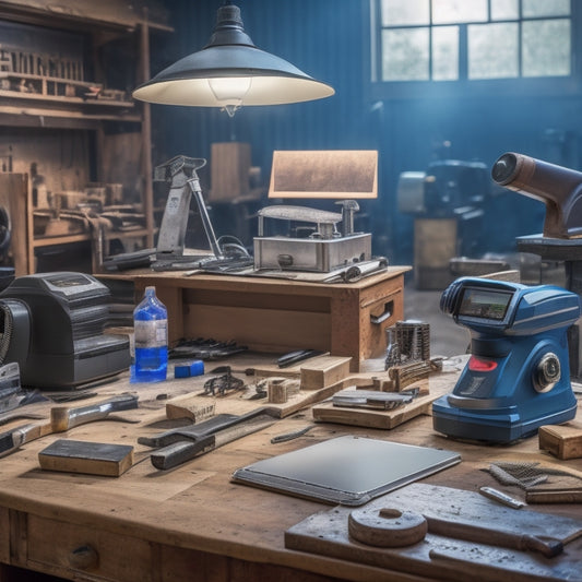A cluttered workshop with various renovation tools and materials in the background, with a few high-tech scanning devices, such as 3D laser scanners and document scanners, prominently displayed on a central workbench.