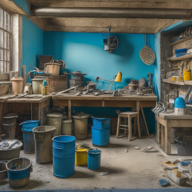A cluttered workshop with various plastering machines, including a mixing drill, a putty knife, and a plaster sprayer, surrounded by buckets of plaster, tools, and renovation materials.