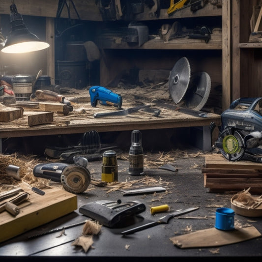 A cluttered DIY workbench with various cutting tools, including a cordless circular saw, jigsaw, and hand saw, amidst scattered wood shavings, measuring tapes, and half-cut wooden planks.