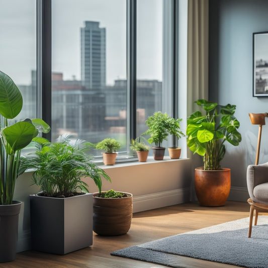A modern, minimalist living room with a large self-watering planter in the foreground, surrounded by renovation tools and DIY materials, with a subtle cityscape view through the window.