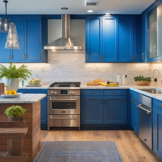 A well-lit, modern kitchen interior with gleaming marble countertops, a stylish subway tile backsplash, and sleek stainless-steel appliances, featuring a wooden toolbox and a set of blueprints in the foreground.