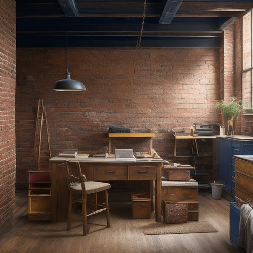 An organized workspace with a blueprint, hammer, and paint swatches on a wooden desk, surrounded by a ladder, toolbox, and a partially renovated room with exposed brick and wooden beams.