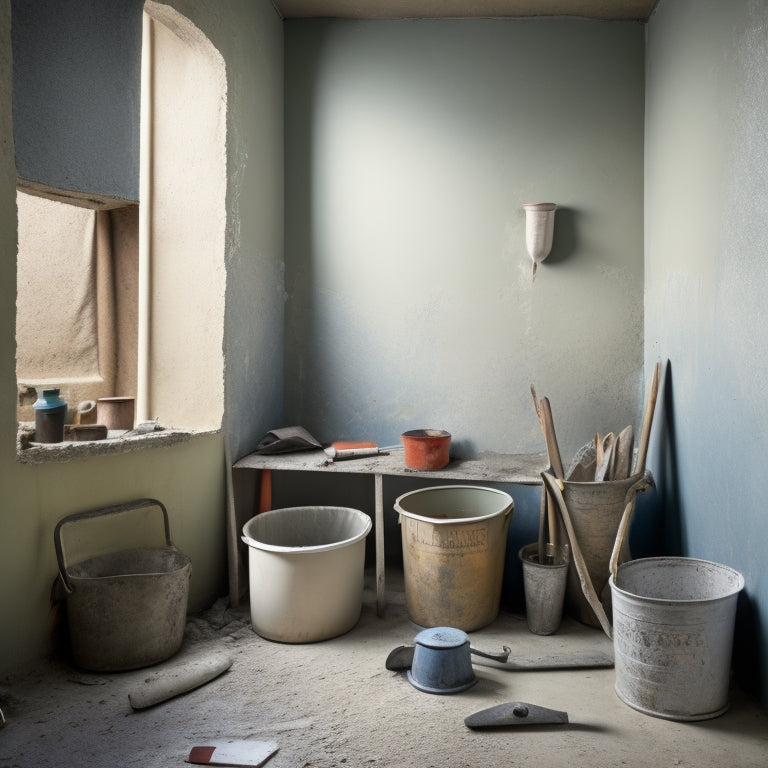 A messy, partially renovated room with a section of freshly plastered wall, surrounded by various trowels with different handle materials and angled blades, and a bucket of mixed plaster in the corner.