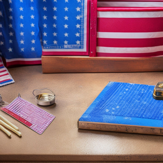 An American flag-draped toolbox sits on a renovated kitchen counter, surrounded by scattered blueprints, a miniature hammer, and a few scattered dog tags, with a subtle background of a veteran's shadow.
