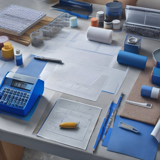 An organized workspace with a large, rolled-out blueprint, surrounded by scattered renovation materials, including paint swatches, fabric samples, and building blocks, with a measuring tape and calculator nearby.