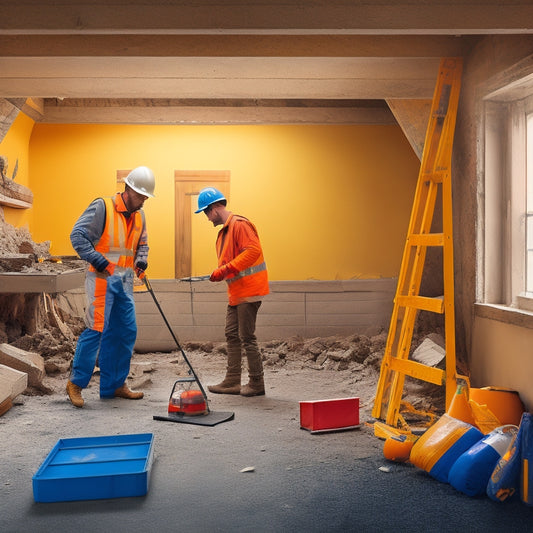 An illustration of a partially renovated house with a cracked foundation wall in the foreground, surrounded by safety cones, caution tape, and a worker in a hard hat and vest, inspecting the damage.