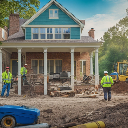 A picturesque suburban home with scaffolding, surrounded by construction equipment and materials, featuring a partially demolished wall, exposed brick, and a worker in the background, inspecting a blueprint.