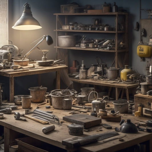 A cluttered home renovation workshop with mixers of various sizes and styles on a workbench, surrounded by scattered tools, wires, and accessories, with a blurred background of building materials.