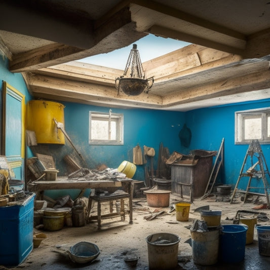 A messy room with a cracked and water-stained ceiling, old lighting fixtures, and worn-out popcorn ceiling texture, surrounded by ladders, buckets, and renovation tools, with a faint outline of a modern design in the background.