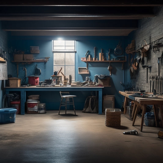 A cluttered, dimly lit cinder block garage with old tools scattered on a workbench, surrounded by cobwebs, transformed into a bright, organized space with modern tools and a sleek, epoxy-coated floor.