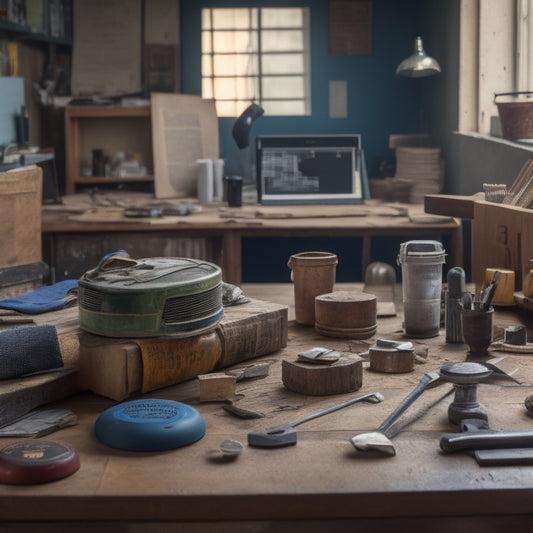 A cluttered workspace with various grouting tools scattered on a worn, wooden table, surrounded by blocks of differing sizes and a partially grouted block wall in the background.