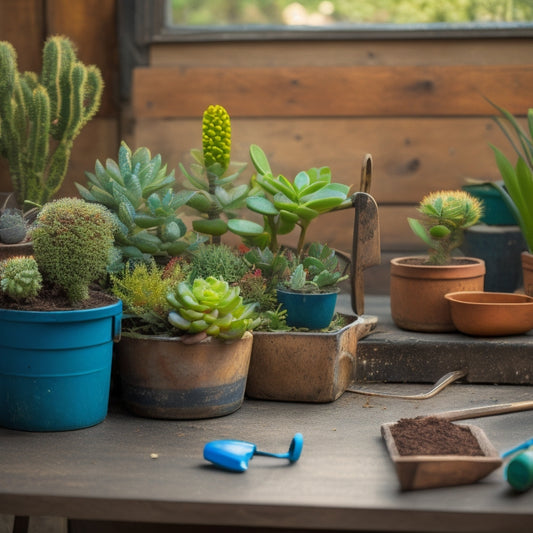 A messy, worn-out planter with overgrown succulents and debris, placed beside a clean and organized one with thriving plants, pruning tools, and a watering can, on a wooden workbench.