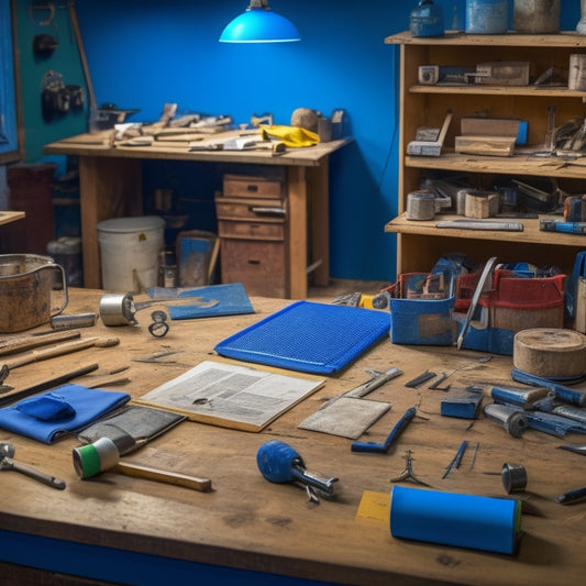 A cluttered workshop table with various tools and materials, including a tape measure, level, hammer, and drill, surrounded by blueprints, scattered screws, and a half-built cabinet.