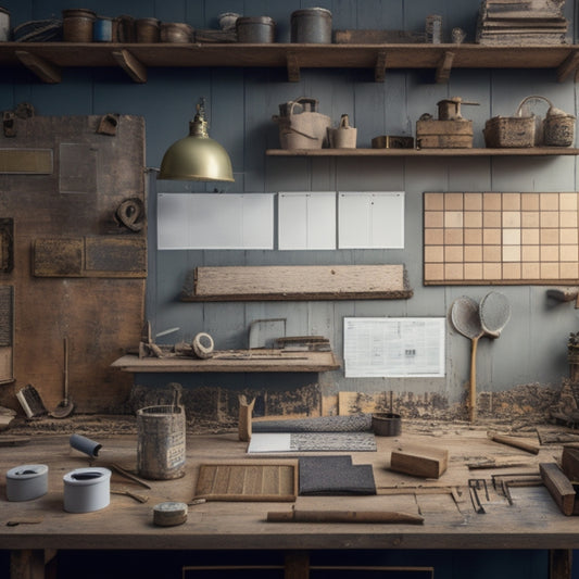 A cluttered but organized workspace with various renovation materials: wooden planks, metal pipes, ceramic tiles, paint swatches, and a blueprint in the center, surrounded by scattered tools and a measuring tape.