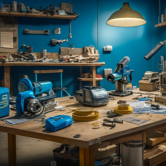 A cluttered workshop table with a circular saw, drill press, and impact driver surrounded by scattered blueprints, measuring tapes, and scattered screws, with a half-renovated room in the blurred background.