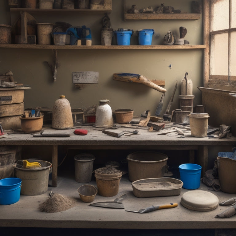 A cluttered but organized workspace with various plastering tools, including a hawk, trowel, and joint knife, scattered across a wooden workbench, surrounded by buckets of plaster and sand.