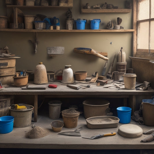 A cluttered but organized workspace with various plastering tools, including a hawk, trowel, and joint knife, scattered across a wooden workbench, surrounded by buckets of plaster and sand.