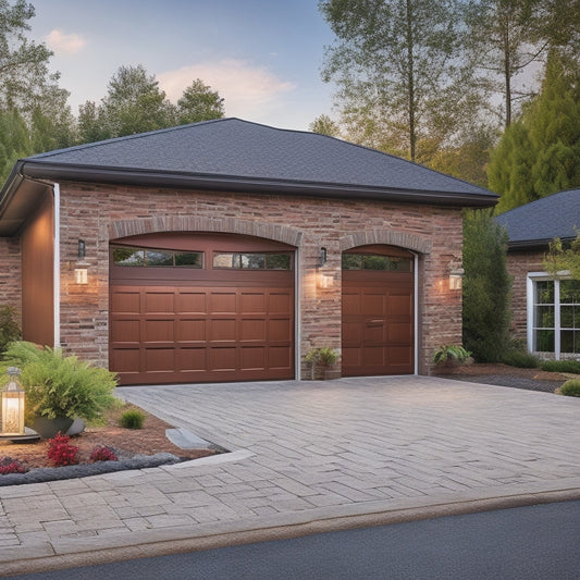 A modern garage with a masonry exterior, featuring a mix of brick and stone, with a large wooden garage door, surrounded by lush greenery and a few outdoor decorations.