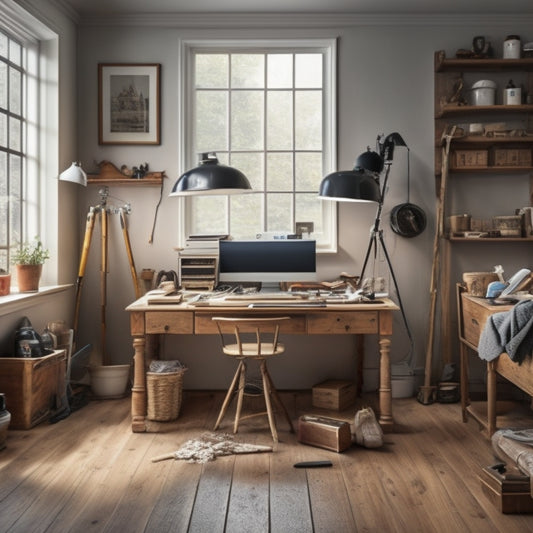 A tidy, well-organized workspace with various renovation tools laid out on a wooden workbench, surrounded by a partially renovated room with gleaming hardwood floors and crisp white walls.