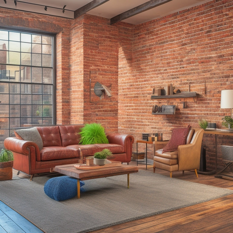 A stylized, modern interior scene featuring a partially renovated living room with exposed brick walls, wooden beams, and a prominent display of various renovation materials and tools.