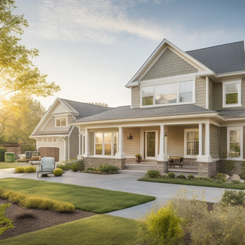 A serene suburban home with a partially renovated exterior, featuring a mixture of old and new materials, surrounded by organized construction tools and a tidy worksite, bathed in warm afternoon light.