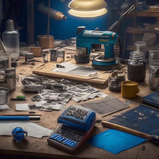 A cluttered workshop table with a mix of power tools, renovation blueprints, and a calculator, surrounded by scattered receipts and coins, with a hint of a DIY project in the background.