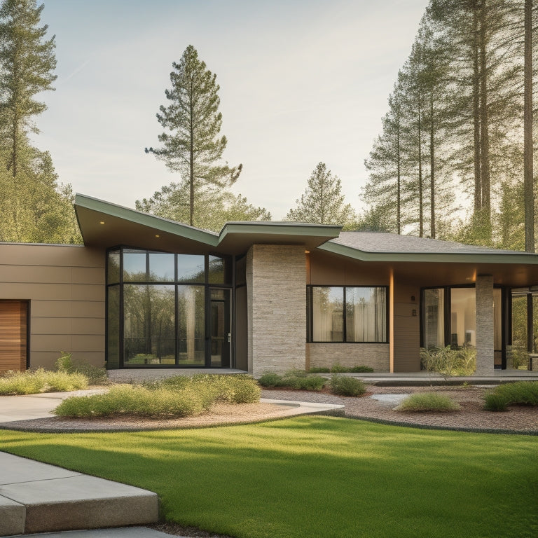 A modern block house with a warm, earthy stucco exterior, featuring curved lines, rounded corners, and a mix of smooth and textured finishes, set against a lush green landscape with tall trees.
