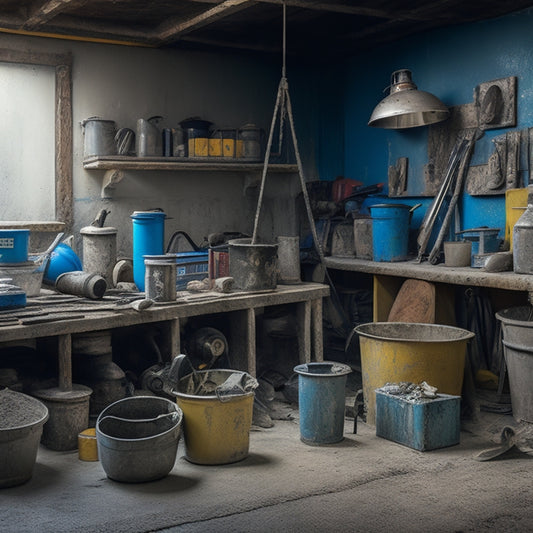 A cluttered workshop with a variety of concrete repair equipment, including a grout pump, concrete mixer, and trowels, surrounded by buckets of cement and scattered tools.