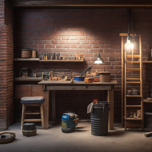 A well-lit, organized workshop with a brick wall in the background, featuring a variety of tools and equipment, including a drill, trowel, level, and bucket, arranged on a wooden workbench.