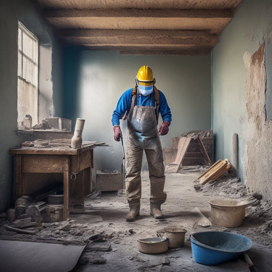 An image of a person in a dust mask and gloves, surrounded by renovation tools, standing in a room with exposed walls, scraped paint, and a sander on the floor, amidst a backdrop of torn wallpaper and dropped ceiling tiles.