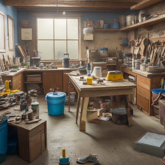 A cluttered workshop with various renovation materials scattered around, featuring a central wooden table with neatly organized rows of different filler materials, including caulk, spray foam, and joint compound.