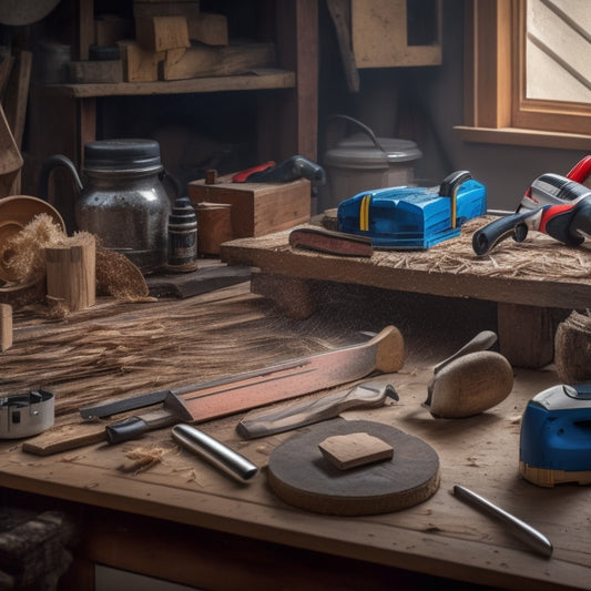 A cluttered workbench with various DIY cutting tools scattered about, including a circular saw, jigsaw, miter saw, and utility knife, surrounded by wood shavings and half-cut lumber.