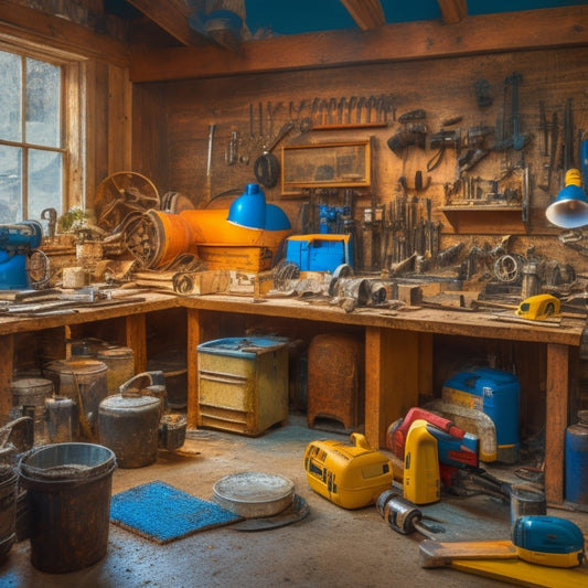 A cluttered workshop with various power tools and equipment, including a circular saw, drill press, impact driver, and ladder, surrounded by renovation materials like plywood, pipes, and paint cans.