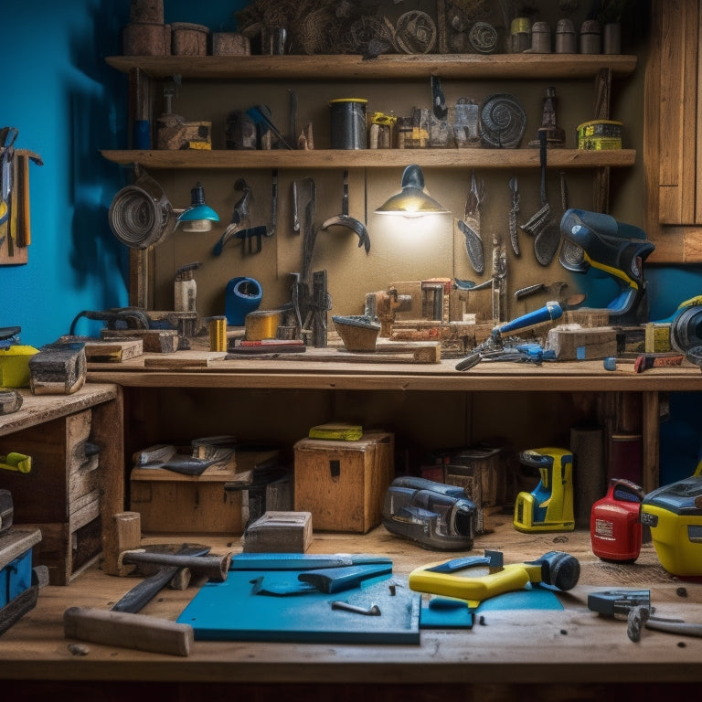 A cluttered DIY workshop with various leveling tools scattered around, including a laser level on a tripod, a spirit level on a wooden shelf, and a digital level on a workbench amidst scattered renovation materials.