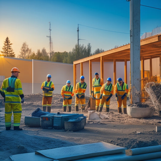 A serene, well-lit construction site with workers in bright orange vests, surrounded by hazmat suits, respirators, and safety nets, amidst a backdrop of a partially renovated modern home.