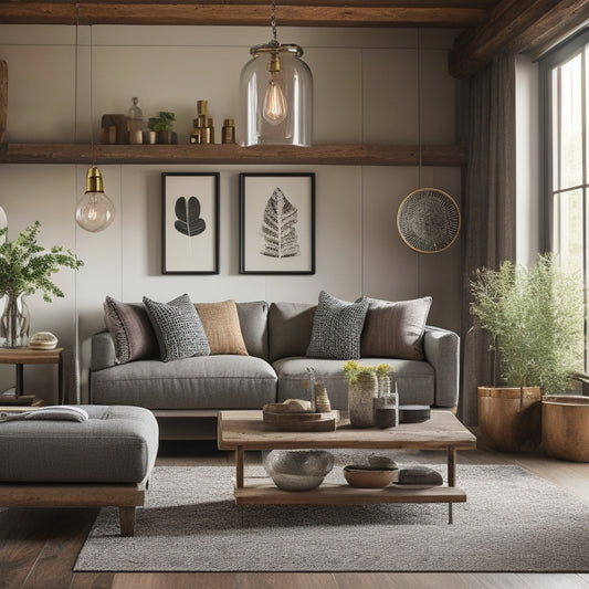 A beautifully decorated living room with a mix of modern and rustic elements, featuring a statement light fixture, reclaimed wood shelves, and a sleek, minimalist coffee table.