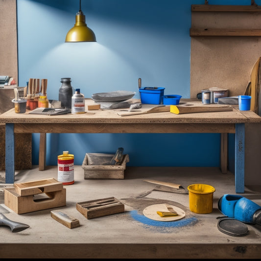 A tidy workshop table with a variety of DIY wall prep tools, including a putty knife, sanding block, joint compound, and a level, arranged neatly alongside a partially renovated wall with a smooth, painted section.